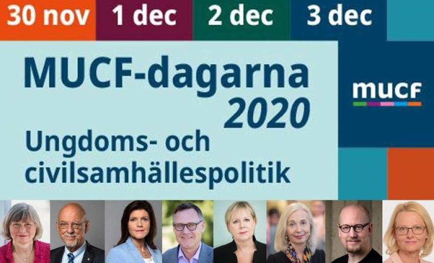 På digitala "MUCF-dagarna 2020" deltar bland andra, fr v Lena Nyberg, generaldirektör MUCF, Hans Dahlgren, EU-minister, Eva Nordmark, arbetsmarknadsminister, Peter Fredriksson, generaldirektör Skolverket, Lena Ag, generaldirektör Jämställdhetsmyndigheten, Helén Ängmo, generaldirektör Skolinspektionen, Carl Heath, utbildningsdirektör i RISE, och Heléne Fritzon, EU-parlamentariker Foto: … | Fotograf/Källa: Felix Oppenheim, Kristian Pohl/Regeringskansliet, Jämy, Skolverket, Skolinspektionen och EU-parlamentet.
